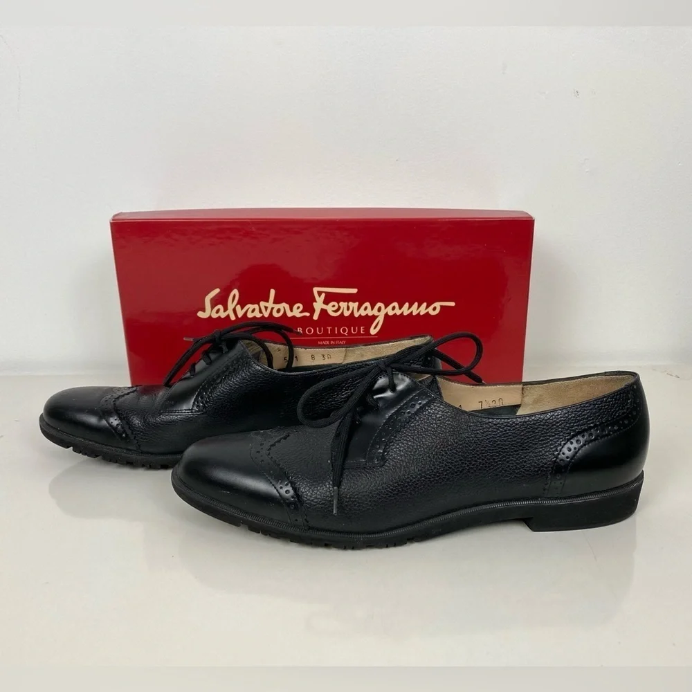 Salvatore Ferragamo Ferrara Women's 7 1/2 AA Black Leather Oxford Lace Up Shoes - Picture 2 of 14